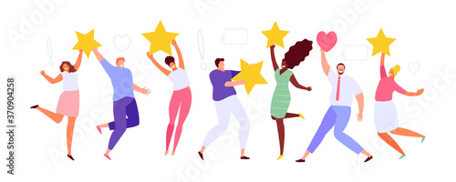 Happy jumping people with stars in their hands. Positive feedback and rating vector characters