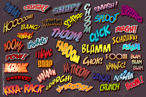 Comic Book Illustration Style Sound Effects, Comics Onomatopoeia Words photo