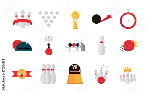bowling game recreational sport skittles stopwatch ball trophy flat icons set