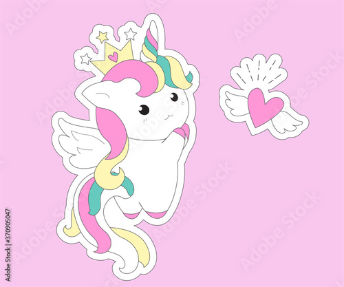 Cute Unicorn princess cartoon pony child vector, Kawaii animal character with heart, Nursery Fairy tales magic. For greeting card, Print t shirt, fashion art. 