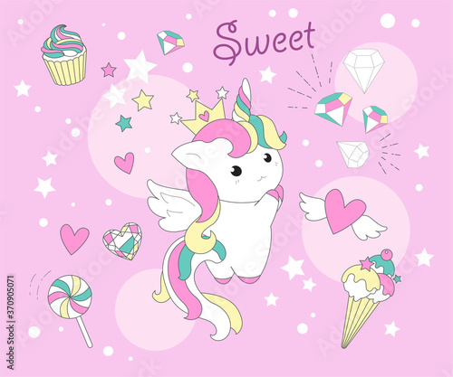 Cute Unicorn princess cartoon pony child vector, Kawaii animal character with heart, Nursery Fairy tales magic. For greeting card, Print t shirt, fashion art. 