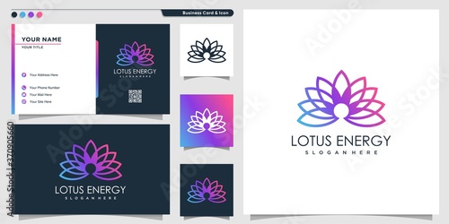 lotus logo with energy style and business card design, logo template, line art, plant, spa, beauty, health, Premium Vector