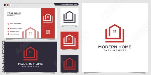 Home logo with modern outline style and business card design template, home, real estate, line art, logo template, Premium Vector
