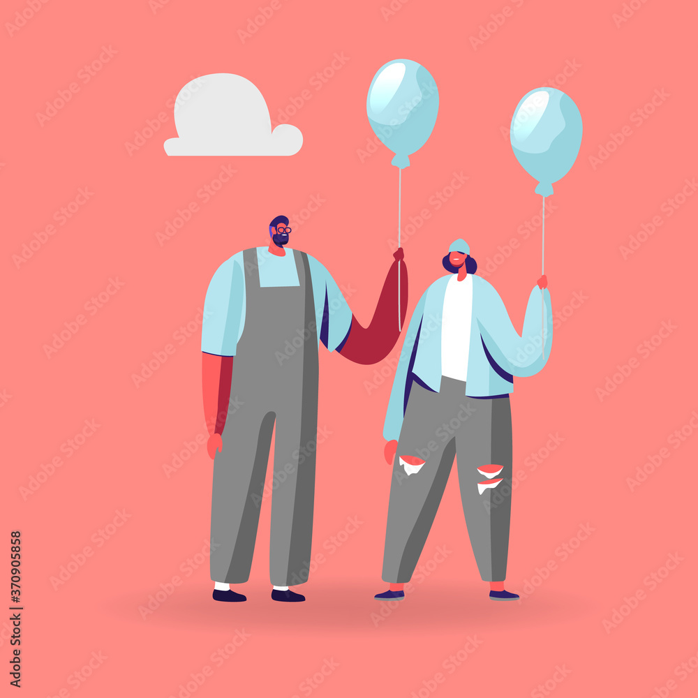 Young Identical Male and Female Characters in Modern Fashioned Clothing Holding Blue Balloons. Creativity, Individuality Young Identical Male and Female Characters in Modern Fashioned Clothing Holding Blue Balloons. Creativity, Individuality