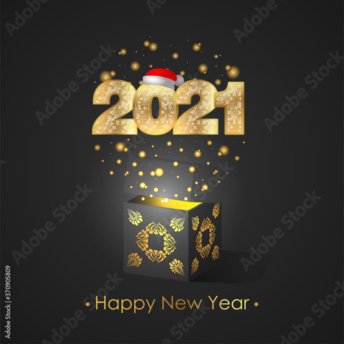 Vector illustration of happy Ox new year 2021 gold numeral with glitter snowflakes ornament  on black background with dark gift box. Red Santa hat on number font.