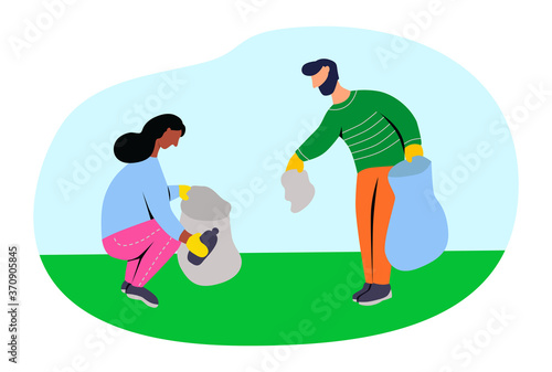Volunteers clean up garbage. Flat vector illustration.