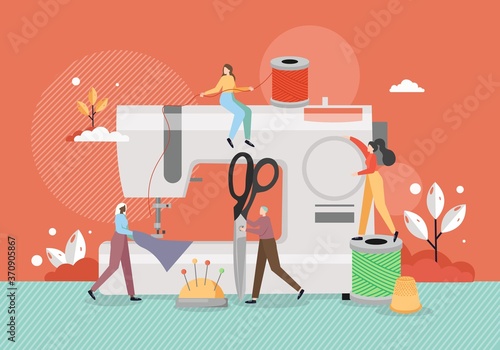 Seamstress dressmaker tiny characters sewing apparel on sewing machine, vector flat illustration
