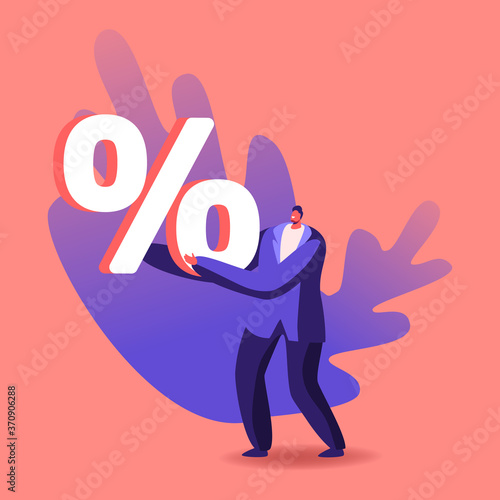 Character Walking with Huge Percent Symbol in Hands, Banking Credit, Loan Contract, Debt or Bank Offer, Sale or Discount