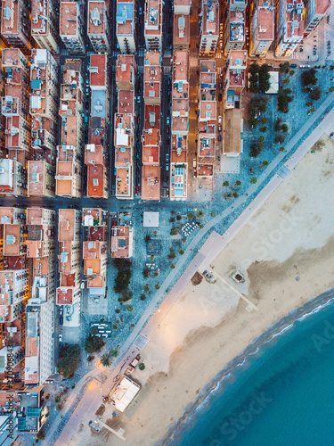 Canvas Print Barceloneta Beach in Barcelona, Spain, unique architecture modern buildings pattern sunset lights