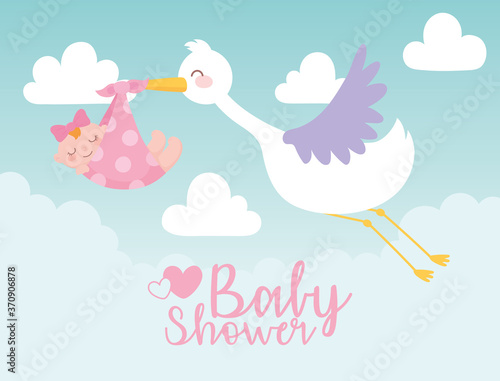 baby shower, stork carrying little girl in blanket, welcome newborn celebration card