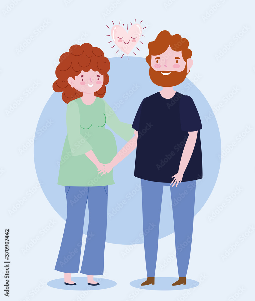 family dad and pregnant woman together cartoon character love romantic heart