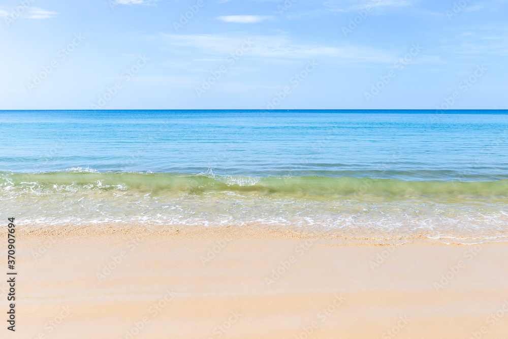 Beautiful clean blue sea and fine sand beach, summer outdoor day light, holiday and vacation destination, relaxing by the sea, nature concept background