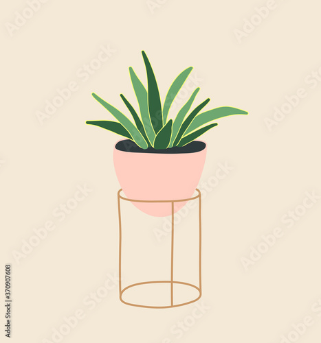 Yucca plant in ceramic flowerpot. Houseplant isolated. Trendy hugge style, urban decor. Hand drawn sketch, naive art. Print, poster, banner, wallpaper. Logo, label. Green, pink, beige pastel colors.