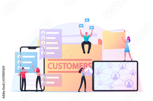 Business Characters Expand Customers Base Attracting New Clients. Tiny Businessmen and Businesswomen at Huge Gadgets