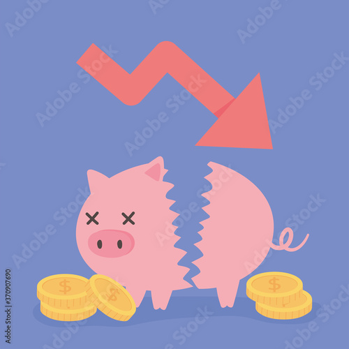 bankruptcy downward arrow broken piggy bank coins money business financial crisis