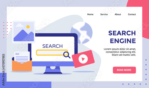Search engine SEO lupe magnifying on display monitor computer campaign for web website home homepage landing page banner flyer with modern flat style