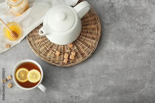 Composition with hot tea on...