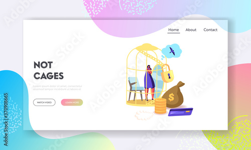 Woman Dream to Escape from Gold Cell for Having Simple Human Things Landing Page Template. Golden Cage Escape Dreaming