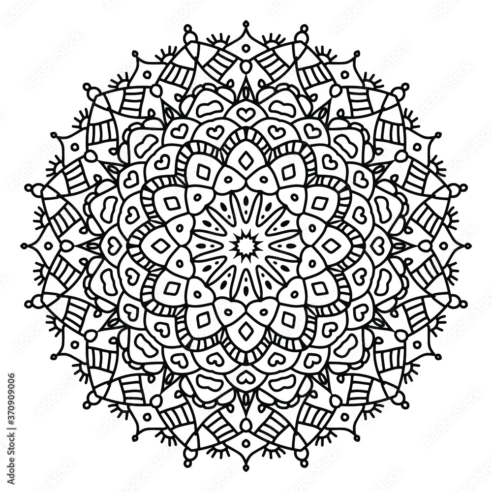 Circular pattern in form of mandala for Henna, Mehndi, tattoo, decoration. Beautiful relaxation black and white ornament. Coloring book page. Circular pattern in form of mandala for Henna, Mehndi, tattoo, decoration. Beautiful relaxation black and white ornament. Coloring book page.