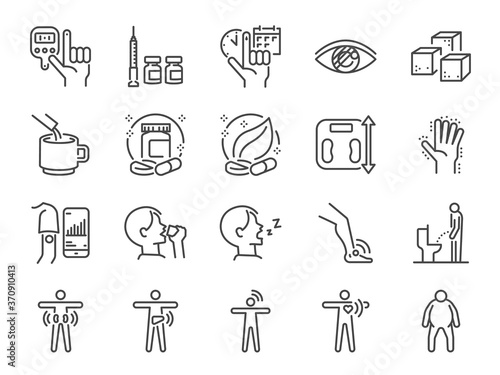 Diabetes line icon set. Included the icons as disease, sugar, fat, body, metabolic disease, insulin, medicine, health, and more.