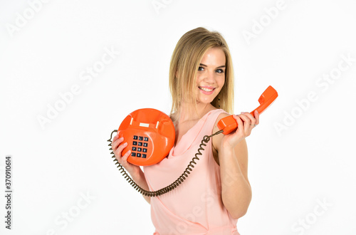 Outdated gadgets. Call business office. Adorable woman interlocutor. Interlocutor concept. Old fashioned secretary. Happy girl talking retro phone. Playful interlocutor. Administrator answers phone