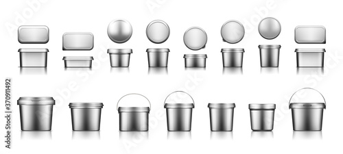 Silver bucket mockups for ice cream, yogurt, cheese, mayonnaise, butter or paint. Blank plastic food package container. Product template for branding or presentation. 3d realistic vector illustration