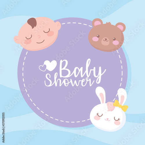 baby shower, adorable boy bear rabbit faces welcome newborn celebration label