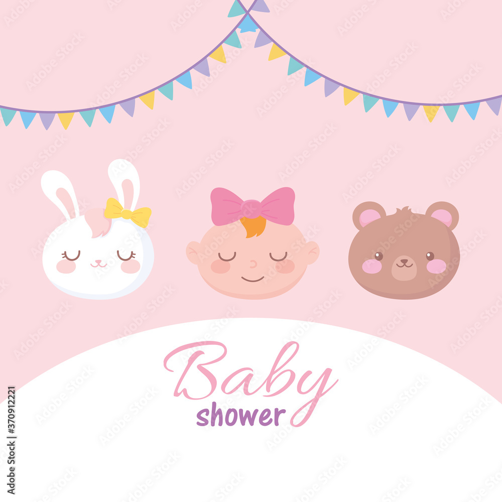 baby shower, adorable faces little girl rabbit and bear, welcome newborn celebration card baby shower, adorable faces little girl rabbit and bear, welcome newborn celebration card