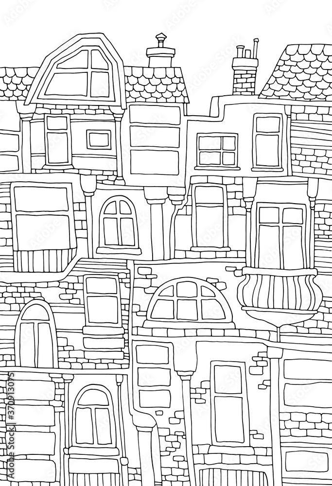 Pattern sketch of houses. Old beautiful building. Vector artwork. Cute hand drawn line illustration. Coloring book page for adults and kids. Black and white. Wallpaper, wall, poster, print, background