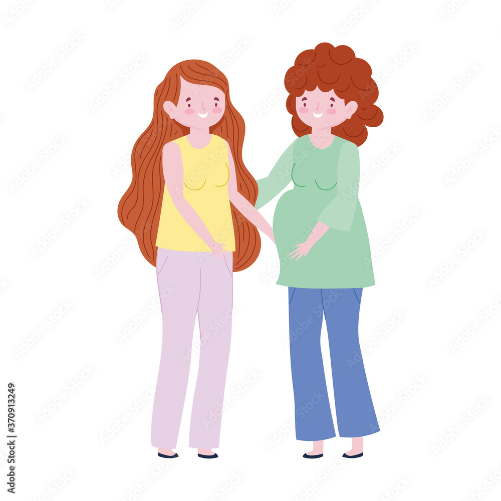 family mother and pregnant woman outdoors cartoon character family mother and pregnant woman outdoors cartoon character