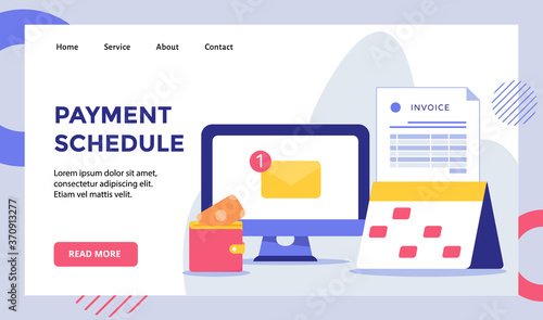 Payment schedule email notification on display monitor computer campaign for web website home homepage landing page template banner with modern flat style
