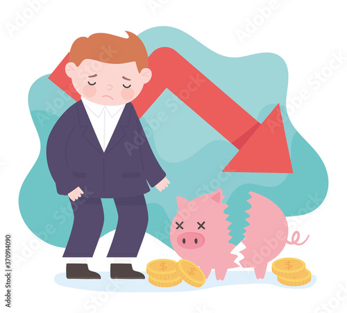 bankruptcy businessman down arrow piggy bank damaged coins business financial negative