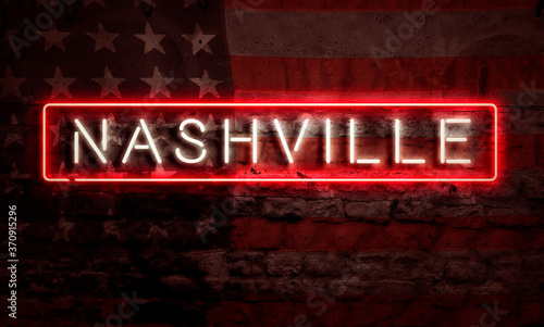 Nashville Neon Sign On Brick American Flag