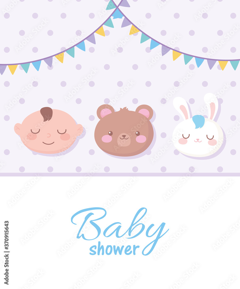 baby shower, spotted background with faces bear boy and rabbit, welcome newborn celebration card