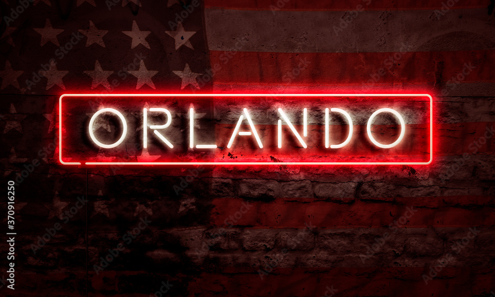 Orlando Neon Sign On Brick American Flag