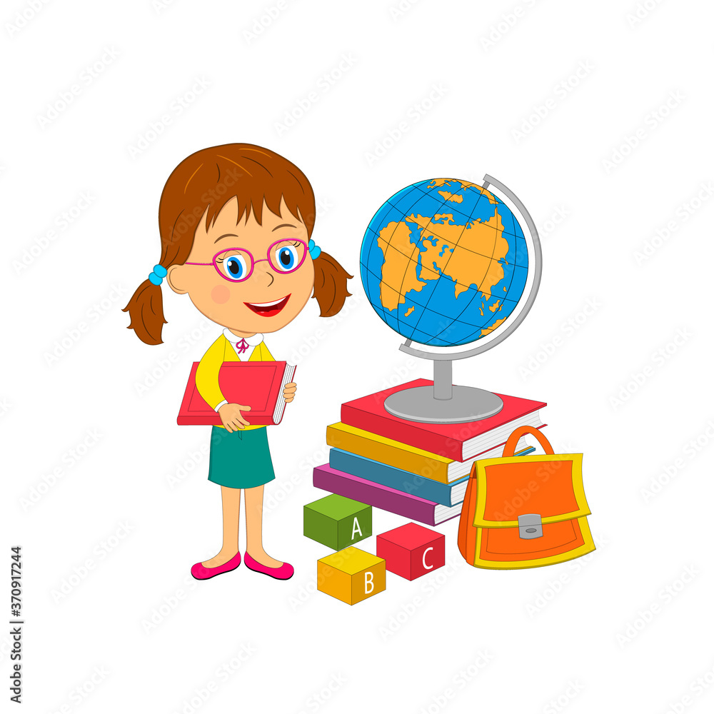 cartoon little girl with books, illustration,vector cartoon little girl with books, illustration,vector