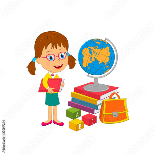 cartoon little girl with books, illustration,vector