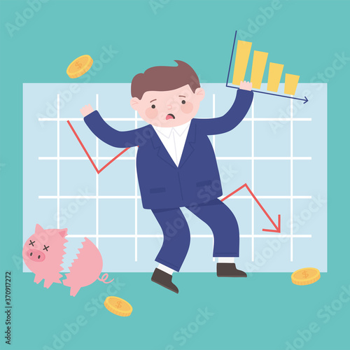 bankruptcy man collapse chart broken piggy bank coins money business financial crisis