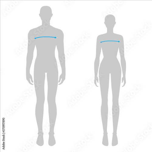 Women and men to do x-front and x-back measurement fashion Illustration for size chart. 7.5 head size girl and boy for site or online shop. Human body infographic template for clothes. 
