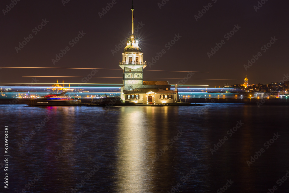 Famous Maiden's Tower in Istanbul, Turkey. long exposure night lights. Famous Maiden's Tower in Istanbul, Turkey. long exposure night lights.