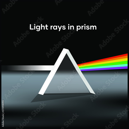 Light rays in prism. Ray rainbow spectrum dispersion optical effect in glass prism. Educational physics vector background. Illustration of prism spectrum light and rainbow refraction
