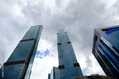 Moscow city towers against the background of clouds