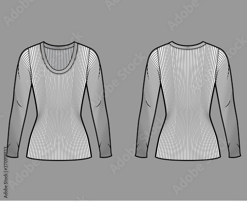 Ribbed scoop neck knit sweater technical fashion illustration with long sleeves, close-fitting shape tunic length. Flat outwear apparel template front back white color. Women men unisex shirt top CAD