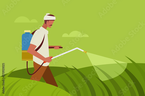 Illustration of a farmer spraying pesticide in agricultural field