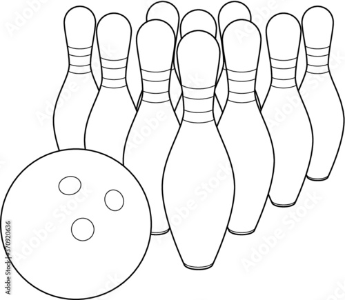  A vector line art illustration of bowling pins and ball