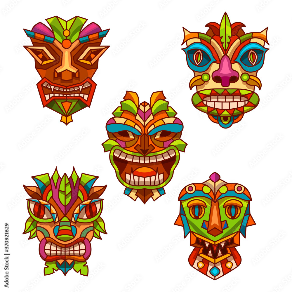 Set of totem pole masks with tribal decoration Set of totem pole masks with tribal decoration