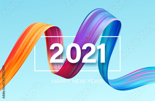 Colorful Brushstroke paint lettering calligraphy of 2021 Happy New Year background. Color flow background. Vector illustration