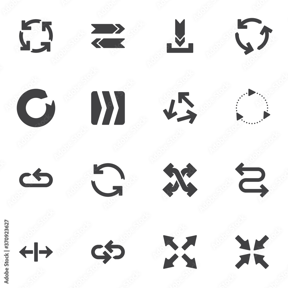 Arrows vector icons set, modern solid symbol collection, filled style pictogram pack. Signs, logo illustration. Set includes icons as circular rotation arrows, expand, minimize, curve, download Arrows vector icons set, modern solid symbol collection, filled style pictogram pack. Signs, logo illustration. Set includes icons as circular rotation arrows, expand, minimize, curve, download