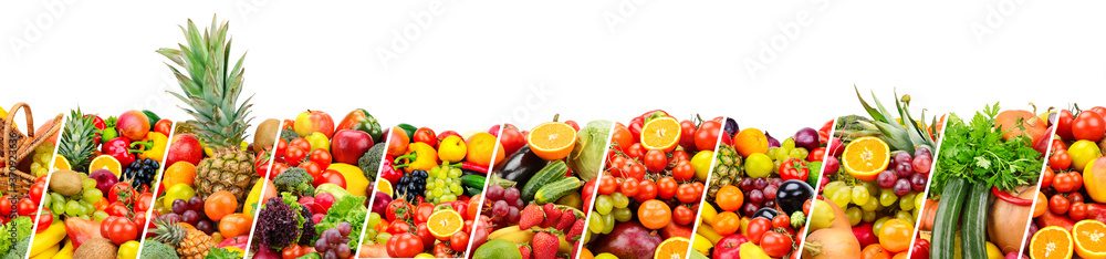 Panoramic photo fruits and vegetables separated by slanted lines isolated on white