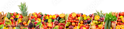 Fototapeta Naklejka Na Ścianę i Meble -  Panoramic photo fruits and vegetables separated by slanted lines isolated on white